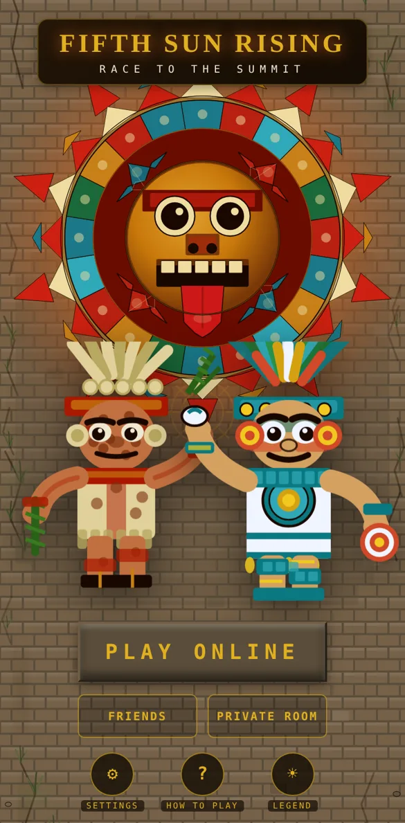 The Fifth Sun Rising main menu: the sun rising behind the title, the two rival gods, and the PLAY ONLINE button.